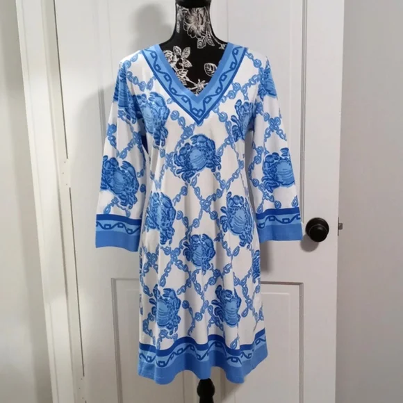 barbara gerwit | Dresses | Barbara Gerwit Bluewhite Crab Print Stretch Dress  | Poshmark
